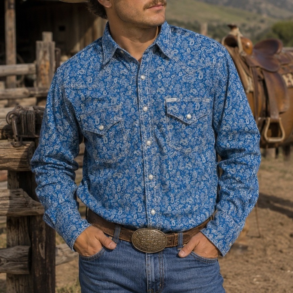 Wrangler 20X Competition Blue Paisley Pearl Snap Western Shirt Mens Small